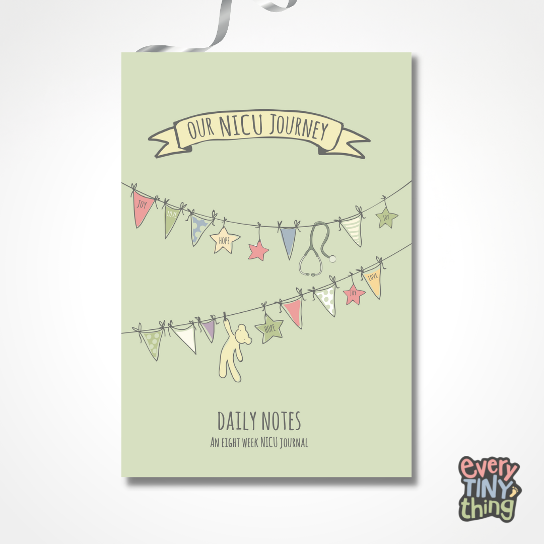 hardcover Our NICU Journey Daily Notes an eight week NICU journal flat lay image on white background with logo of every tiny thing nicu store overlaid