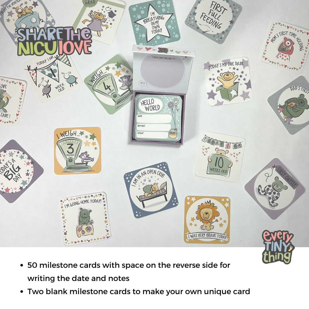 One deck of NICU Milestone Cards opened up with several cards scattered around it, including Hello World First Outfit NICU Grad I am in an Open Crib I weigh 3 pounds and more with the text 50 milestone cards with space on the reverse side for writing the date and notes two blank milestone cards to make your own unique card and every tiny thing logo
