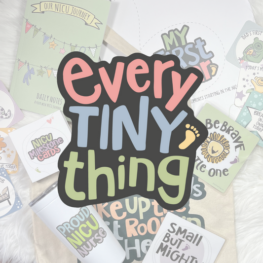 Every Tiny Thing NICU Store Logo overlaid on image of NICU products including NICU Milestone Cards, NICU Care packages, NICU baby calendar, NICU journals, NICU Nurse Mugs