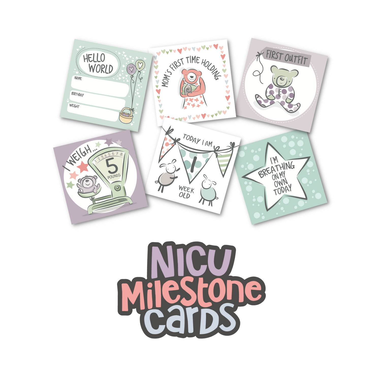 NICU Milestone cards or photo cards to celebrate a preemie or NICU baby accomplishments like gaining weight or being off oxygen or mom's first time holding or baby's first outfit in the NICU. Shop for NICU photo cards by clicking this image.  
