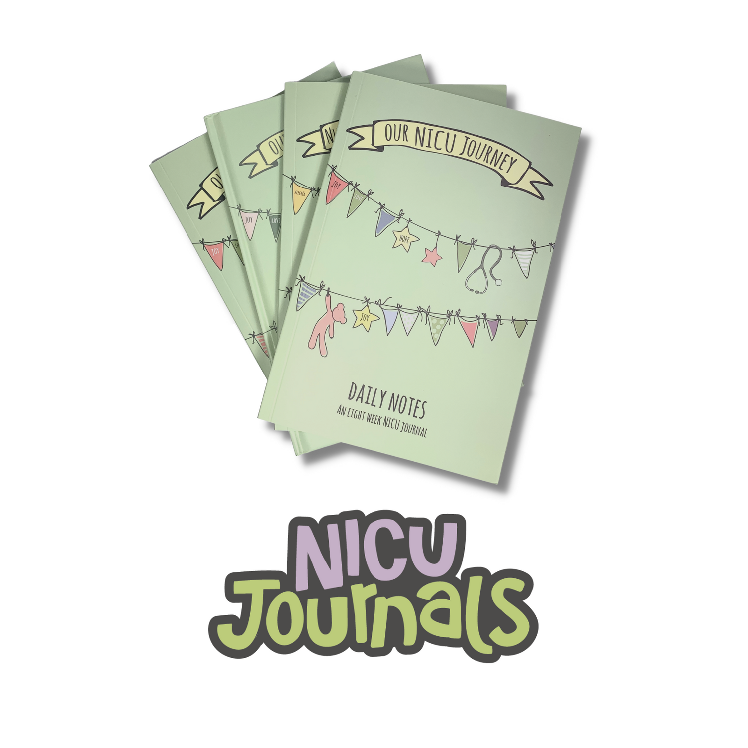 NICU Journals. Stack of four NICU journals including 8 week English NICU book in paperback and hardcover, 4 week paperback English language NICU journal, and paperback Spanish language NICU journal (Diario de la UCIN). Shop best journals by clicking this 