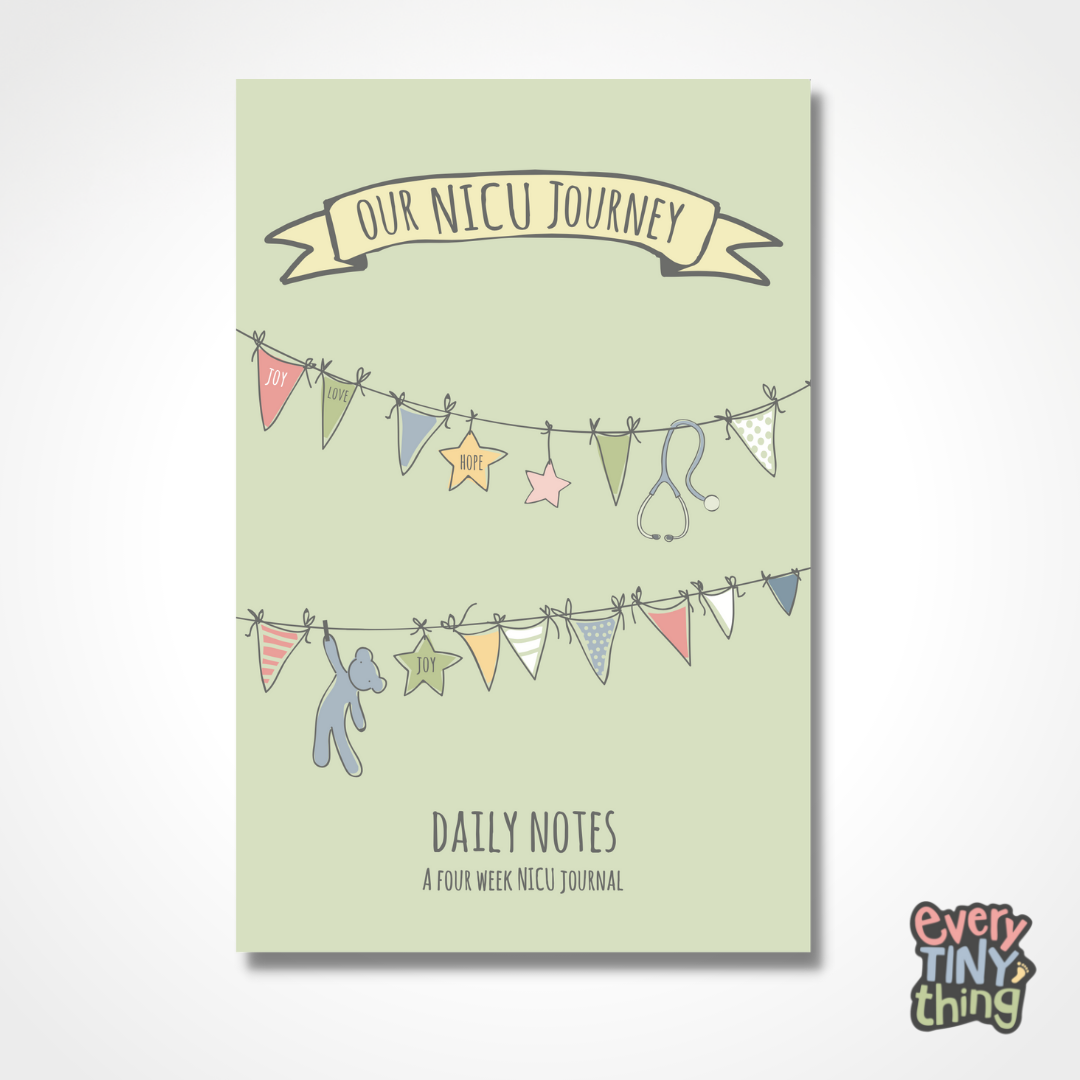 Our NICU Journey Daily Notes a four week NICU journal flat lay image on white background with logo of every tiny thing nicu store overlaid