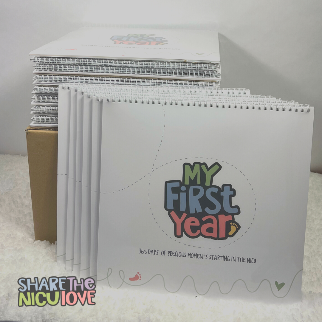 Case of My First Year NICU Baby Calendar with 20 calendars stacked outside the box. "Share the NICU Love" bulk discount program logo overlaid.