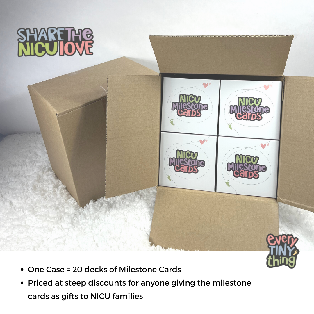 Two cases of NICU Milestone Cards with 20 decks of cards stacked inside box, with the "Share the NICU Love" discount NICU giving bulk purchase logo overlaid and the text: one case = 20 decks of milestone cards priced at steep discounts for anyone giving the milestone cards as gifts to NICU families